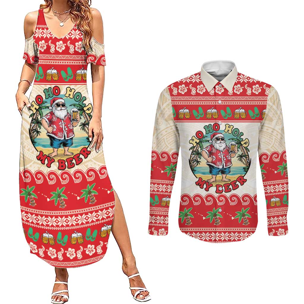 Mele Kalikimaka Hawaii Couples Matching Summer Maxi Dress and Long Sleeve Button Shirt Funny Beer-Loving Santa Hawaiian Tropical LT14 Red - Polynesian Pride