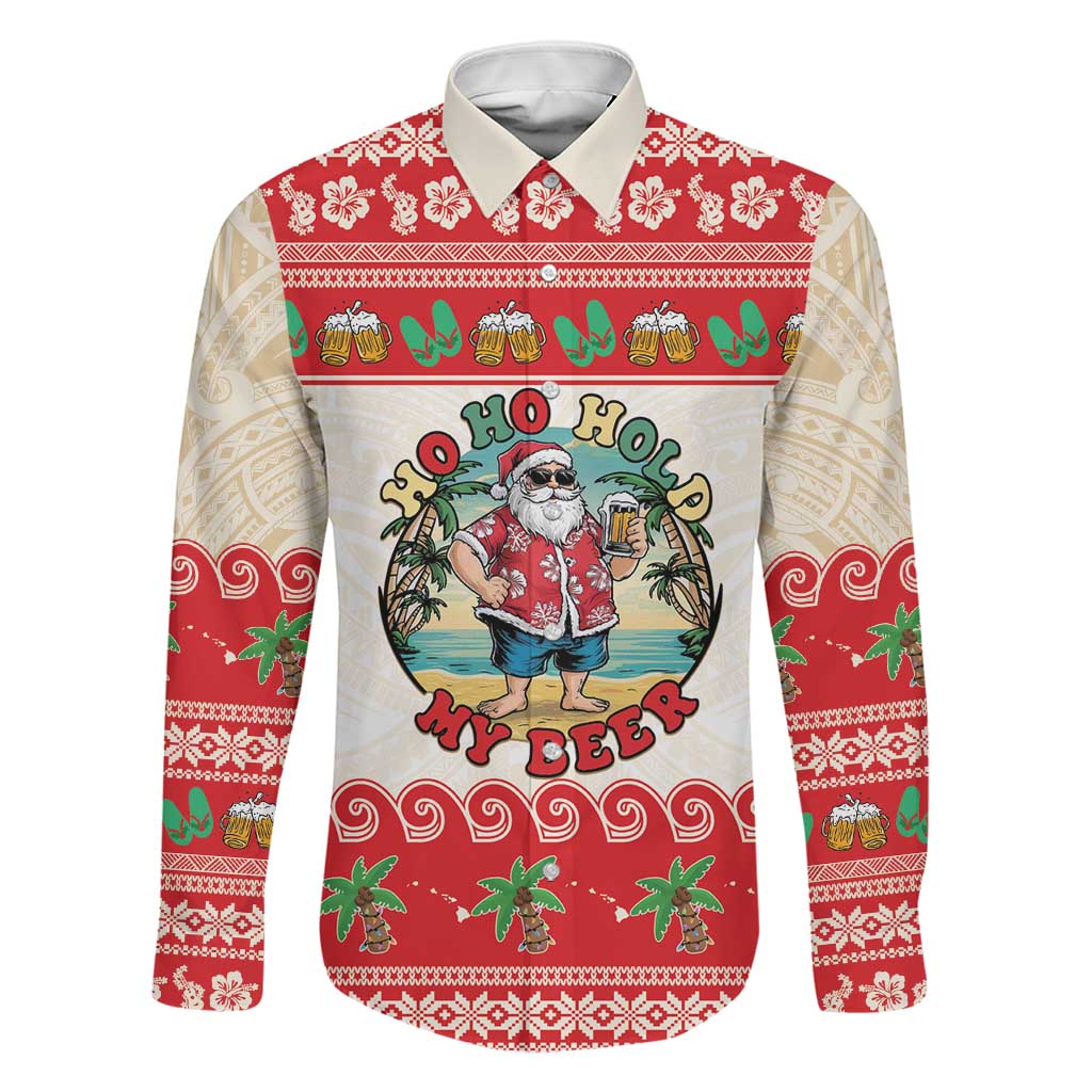 Mele Kalikimaka Hawaii Family Matching Puletasi and Hawaiian Shirt Funny Beer-Loving Santa Hawaiian Tropical LT14 Dad's Shirt - Long Sleeve Red - Polynesian Pride