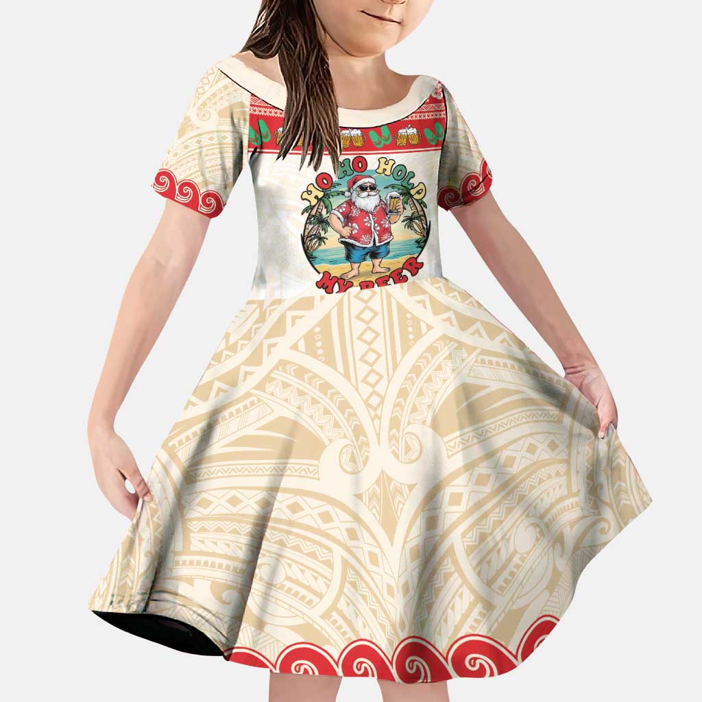 Mele Kalikimaka Hawaii Family Matching Short Sleeve Bodycon Dress and Hawaiian Shirt Funny Beer-Loving Santa Hawaiian Tropical LT14 Daughter's Dress Red - Polynesian Pride