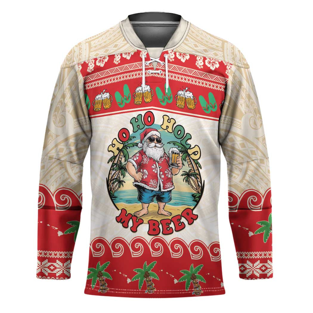 Mele Kalikimaka Hawaii Hockey Jersey Funny Beer-Loving Santa Hawaiian Tropical LT14 Unisex Red - Polynesian Pride