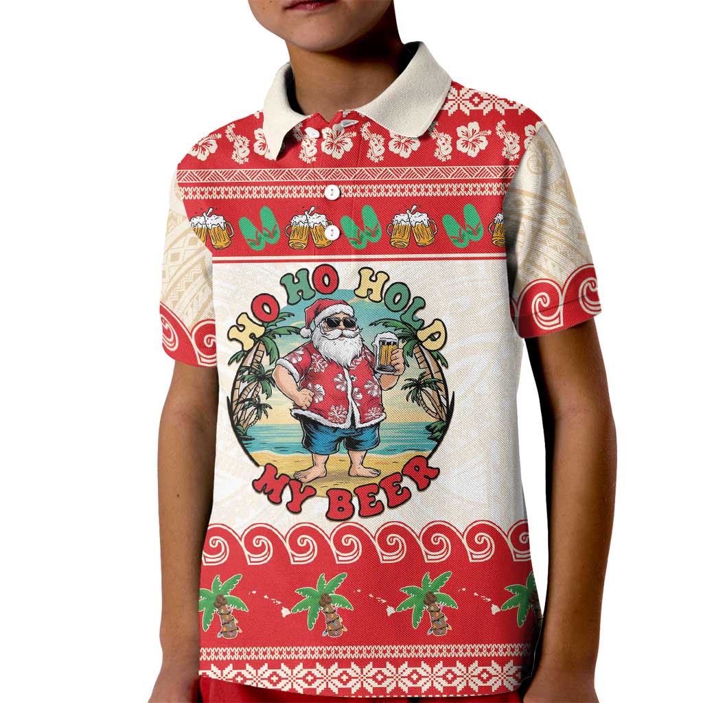 Mele Kalikimaka Hawaii Kid Polo Shirt Funny Beer-Loving Santa Hawaiian Tropical LT14 Kid Red - Polynesian Pride