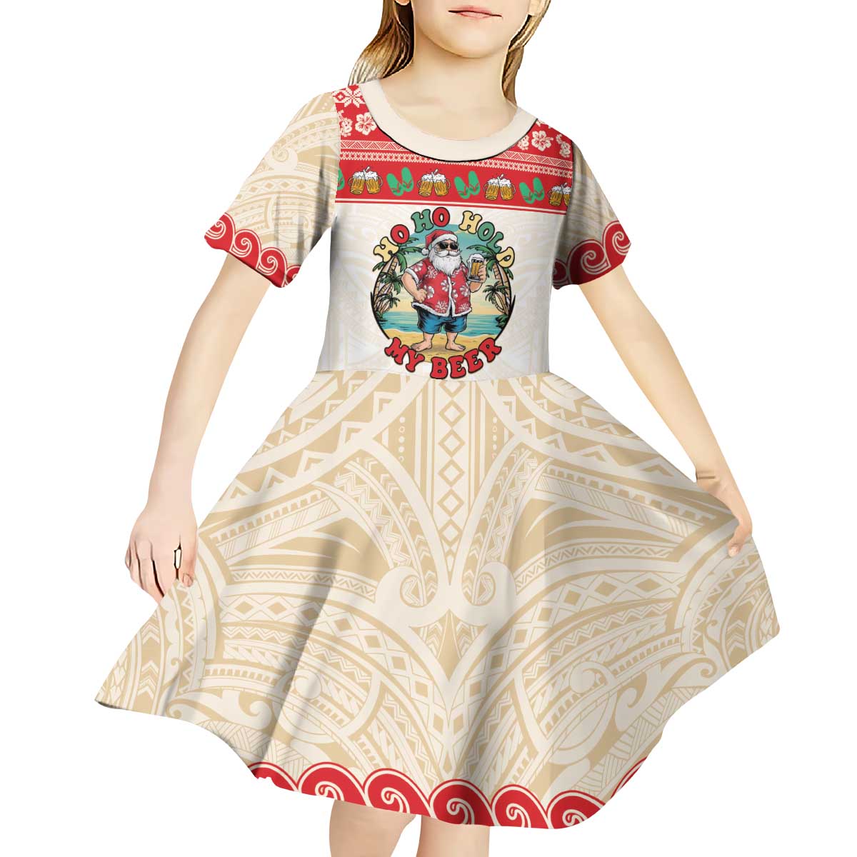 Mele Kalikimaka Hawaii Kid Short Sleeve Dress Funny Beer-Loving Santa Hawaiian Tropical LT14 - Polynesian Pride