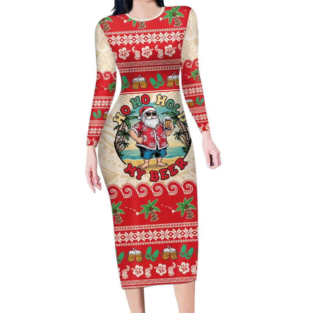 Mele Kalikimaka Hawaii Long Sleeve Bodycon Dress Funny Beer-Loving Santa Hawaiian Tropical LT14 Long Dress Red - Polynesian Pride