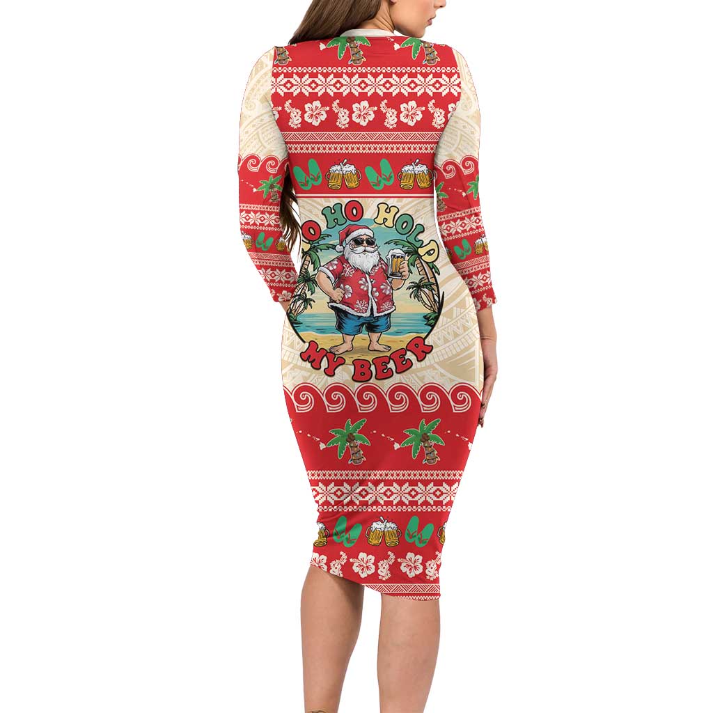 Mele Kalikimaka Hawaii Long Sleeve Bodycon Dress Funny Beer-Loving Santa Hawaiian Tropical LT14 - Polynesian Pride