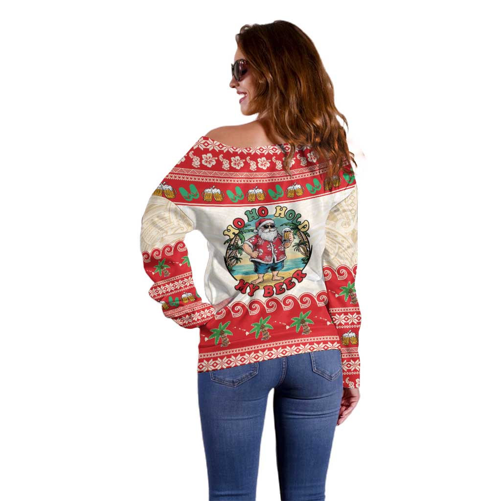 Mele Kalikimaka Hawaii Off Shoulder Sweater Funny Beer-Loving Santa Hawaiian Tropical - Polynesian Pride