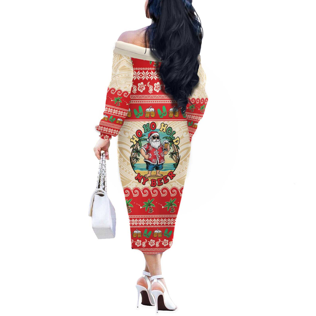 Mele Kalikimaka Hawaii Off The Shoulder Long Sleeve Dress Funny Beer-Loving Santa Hawaiian Tropical LT14 - Polynesian Pride