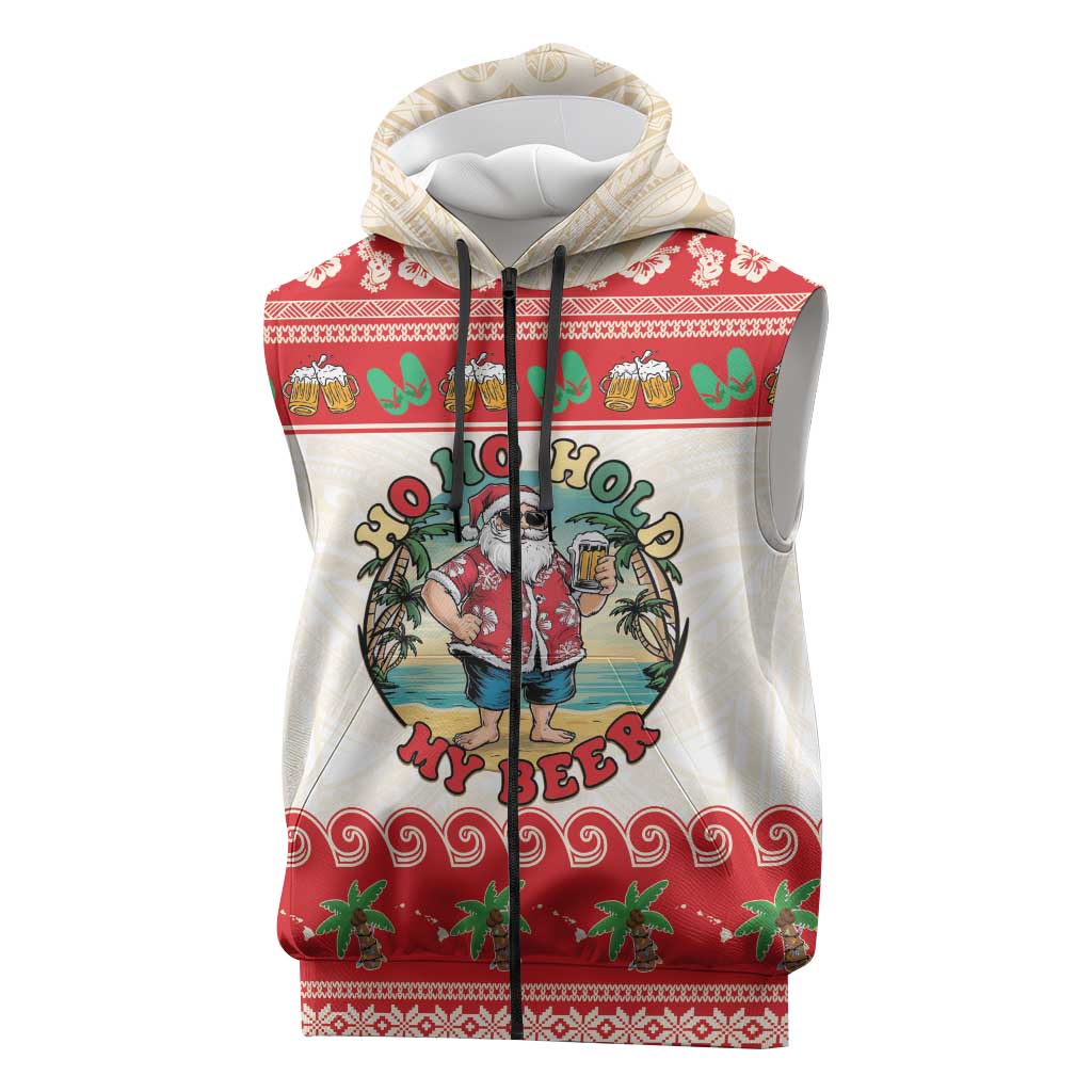 Mele Kalikimaka Hawaii Sleeveless Zip Hoodie Funny Beer-Loving Santa Hawaiian Tropical LT14 Red - Polynesian Pride