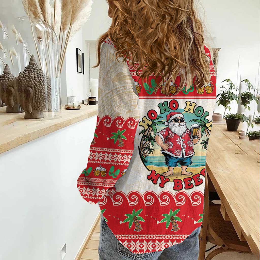 Mele Kalikimaka Hawaii Women Casual Shirt Funny Beer-Loving Santa Hawaiian Tropical LT14 - Polynesian Pride
