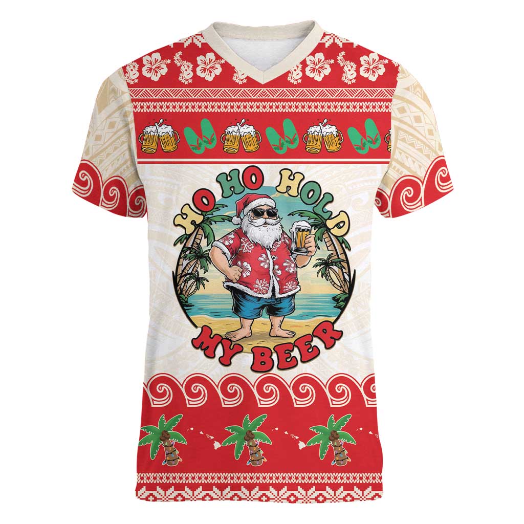 Mele Kalikimaka Hawaii Women V-Neck T-Shirt Funny Beer-Loving Santa Hawaiian Tropical LT14 Female Red - Polynesian Pride