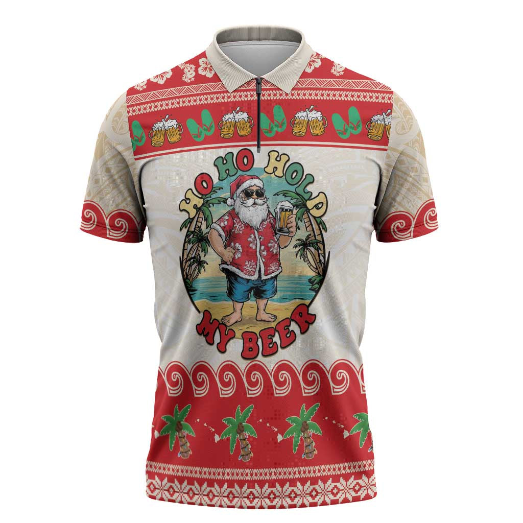 Mele Kalikimaka Hawaii Zipper Polo Shirt Funny Beer-Loving Santa Hawaiian Tropical LT14 Red - Polynesian Pride