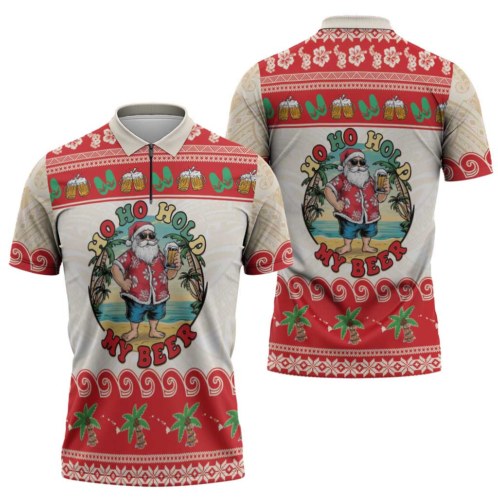 Mele Kalikimaka Hawaii Zipper Polo Shirt Funny Beer-Loving Santa Hawaiian Tropical LT14 - Polynesian Pride