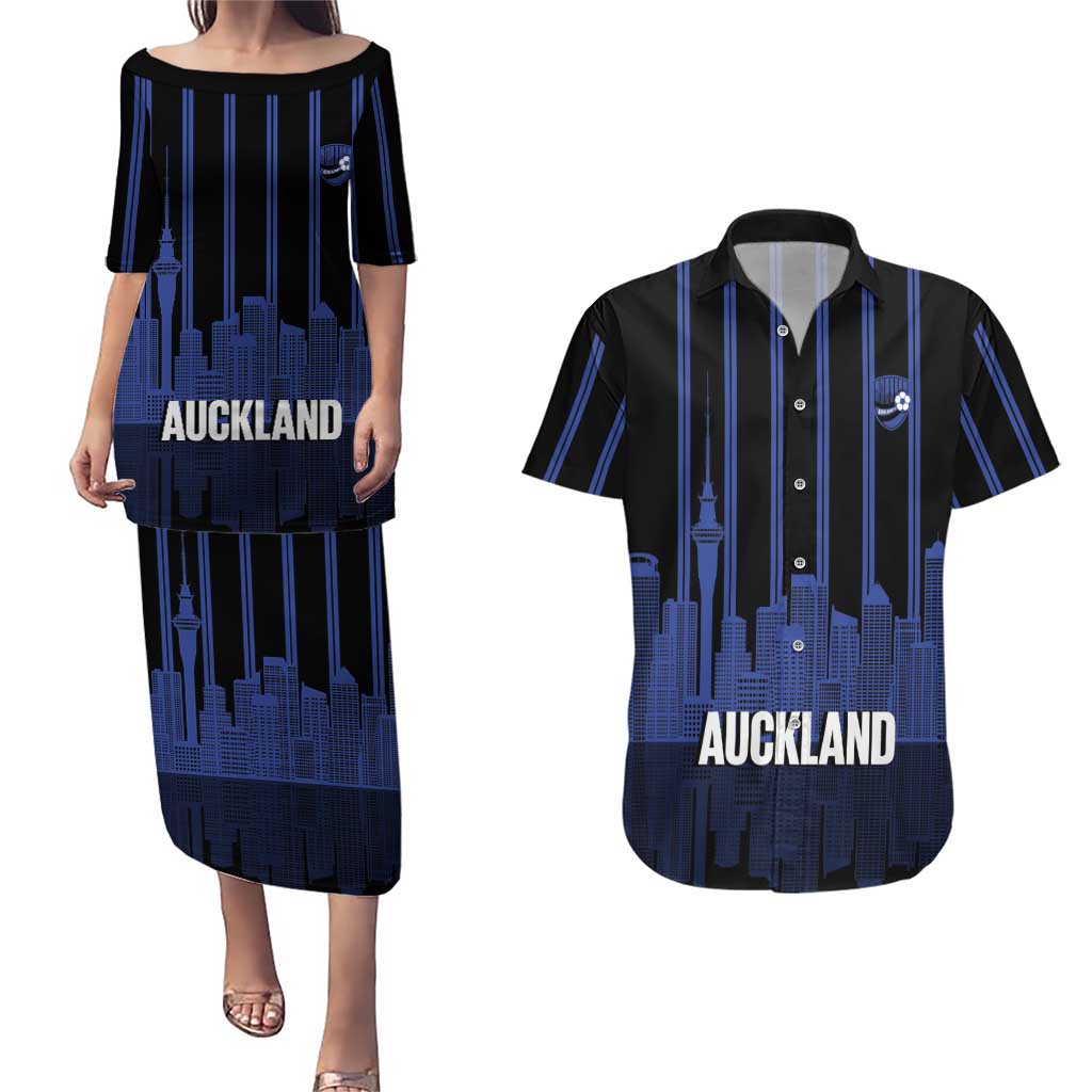 New Zealand Auckland Football Custom Couples Matching Puletasi and Hawaiian Shirt Go City of Sails Est 2025 LT14 Black - Polynesian Pride