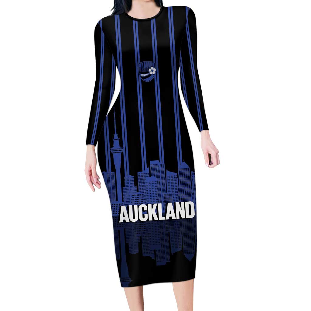 New Zealand Auckland Football Custom Family Matching Long Sleeve Bodycon Dress and Hawaiian Shirt Go City of Sails Est 2025 LT14 Mom's Dress Black - Polynesian Pride