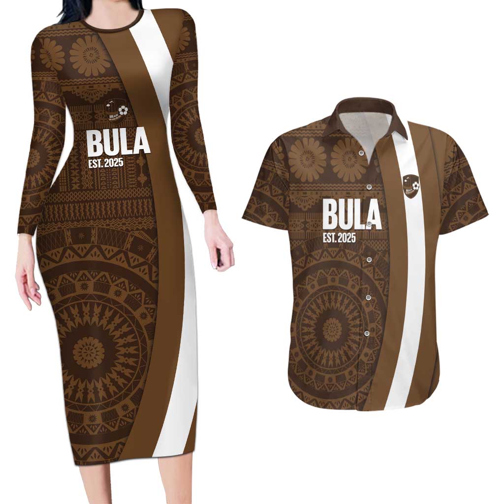 Bula Fiji Football Custom Couples Matching Long Sleeve Bodycon Dress and Hawaiian Shirt One Vanua One Team Tapa Pattern LT14 Brown - Polynesian Pride