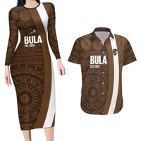 Bula Fiji Football Custom Couples Matching Long Sleeve Bodycon Dress and Hawaiian Shirt One Vanua One Team Tapa Pattern LT14 Brown - Polynesian Pride