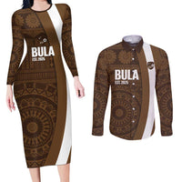 Bula Fiji Football Custom Couples Matching Long Sleeve Bodycon Dress and Long Sleeve Button Shirt One Vanua One Team Tapa Pattern LT14 Brown - Polynesian Pride