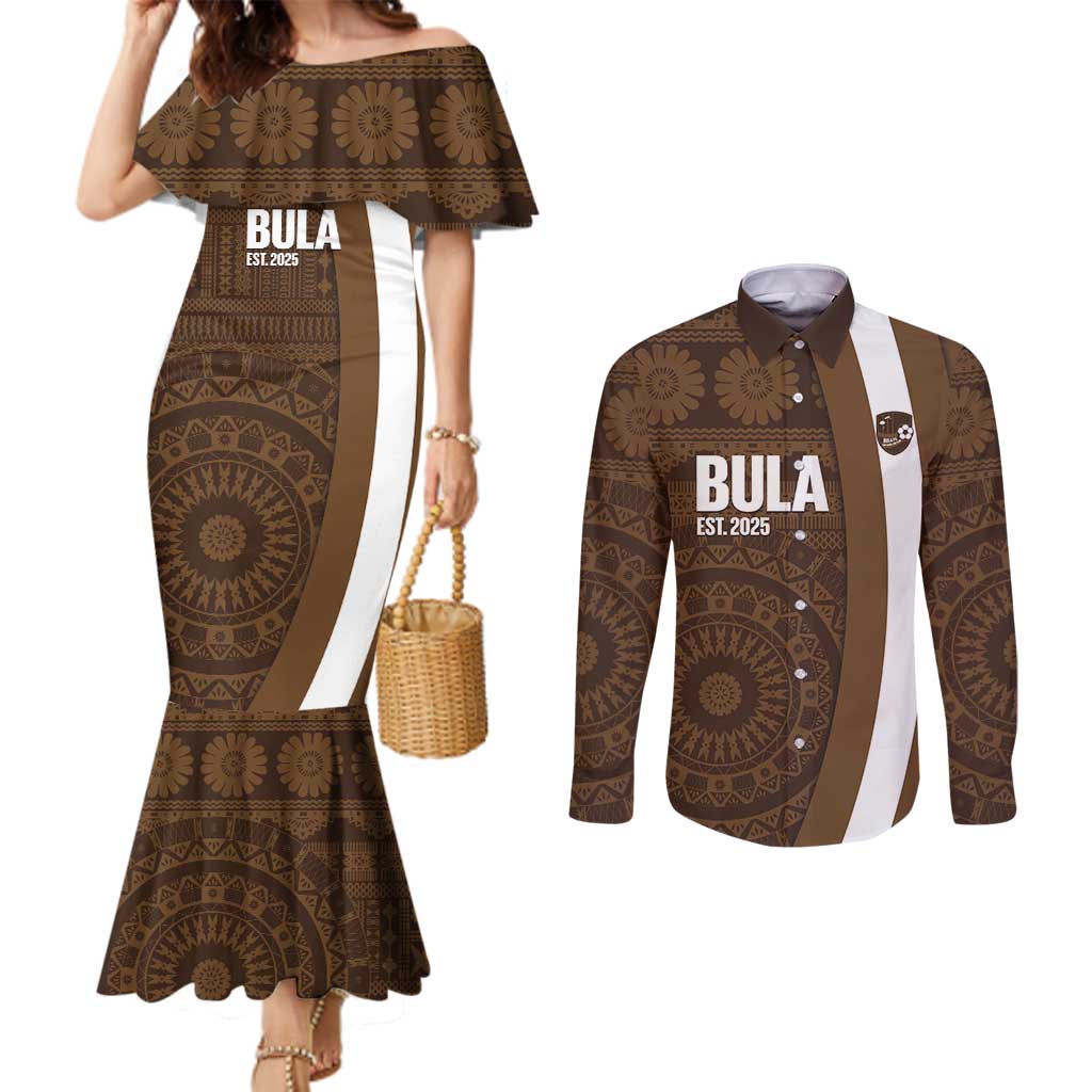 Bula Fiji Football Custom Couples Matching Mermaid Dress and Long Sleeve Button Shirt One Vanua One Team Tapa Pattern LT14 Brown - Polynesian Pride