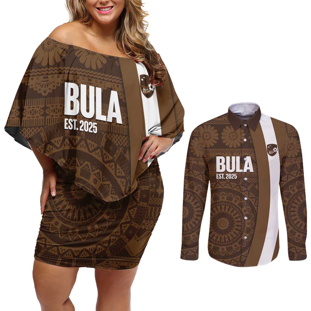 Bula Fiji Football Custom Couples Matching Off Shoulder Short Dress and Long Sleeve Button Shirt One Vanua One Team Tapa Pattern LT14 Brown - Polynesian Pride