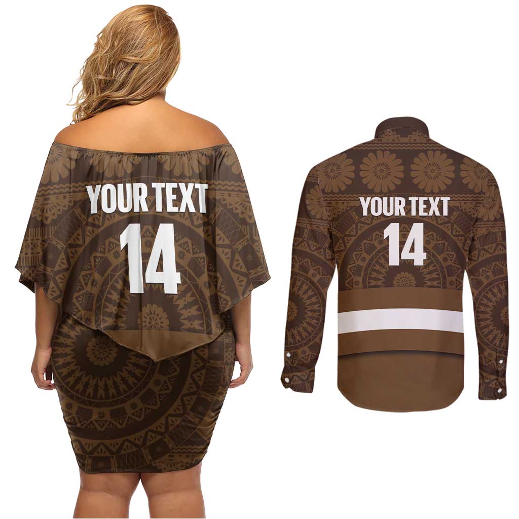 Bula Fiji Football Custom Couples Matching Off Shoulder Short Dress and Long Sleeve Button Shirt One Vanua One Team Tapa Pattern LT14 - Polynesian Pride