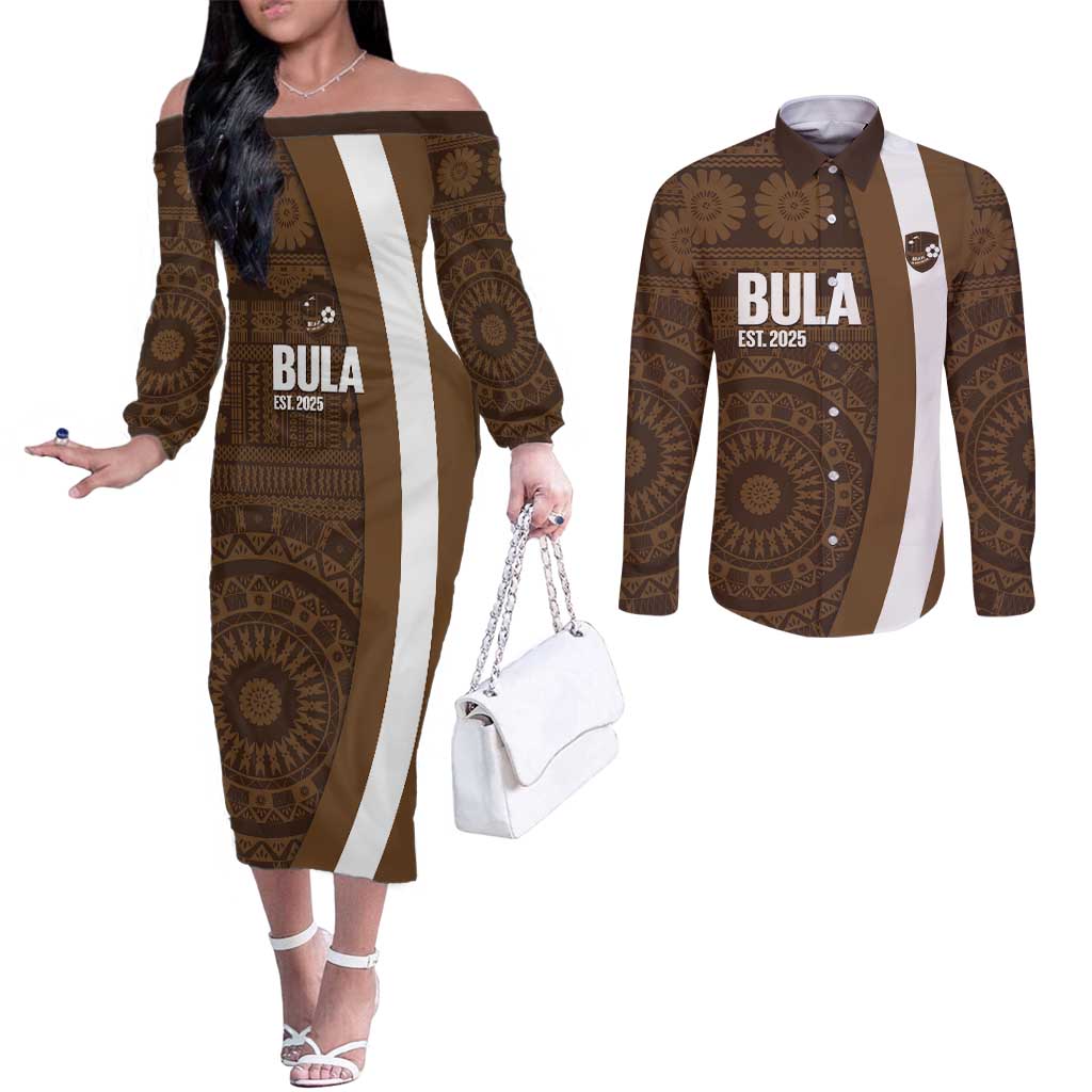 Bula Fiji Football Custom Couples Matching Off The Shoulder Long Sleeve Dress and Long Sleeve Button Shirt One Vanua One Team Tapa Pattern LT14 Brown - Polynesian Pride