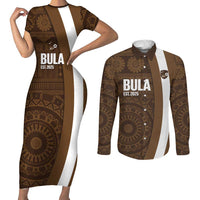 Bula Fiji Football Custom Couples Matching Short Sleeve Bodycon Dress and Long Sleeve Button Shirt One Vanua One Team Tapa Pattern LT14 Brown - Polynesian Pride