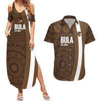 Bula Fiji Football Custom Couples Matching Summer Maxi Dress and Hawaiian Shirt One Vanua One Team Tapa Pattern LT14 Brown - Polynesian Pride