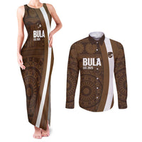 Bula Fiji Football Custom Couples Matching Tank Maxi Dress and Long Sleeve Button Shirt One Vanua One Team Tapa Pattern LT14 Brown - Polynesian Pride