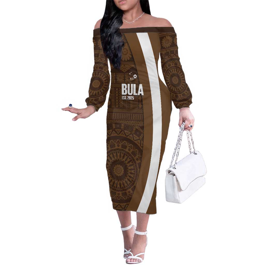Bula Fiji Football Custom Family Matching Off The Shoulder Long Sleeve Dress and Hawaiian Shirt One Vanua One Team Tapa Pattern LT14 Mom's Dress Brown - Polynesian Pride
