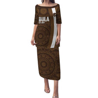 Bula Fiji Football Custom Family Matching Puletasi and Hawaiian Shirt One Vanua One Team Tapa Pattern LT14 Mom's Dress Brown - Polynesian Pride