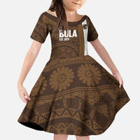 Bula Fiji Football Custom Family Matching Summer Maxi Dress and Hawaiian Shirt One Vanua One Team Tapa Pattern LT14 Daughter's Dress Brown - Polynesian Pride