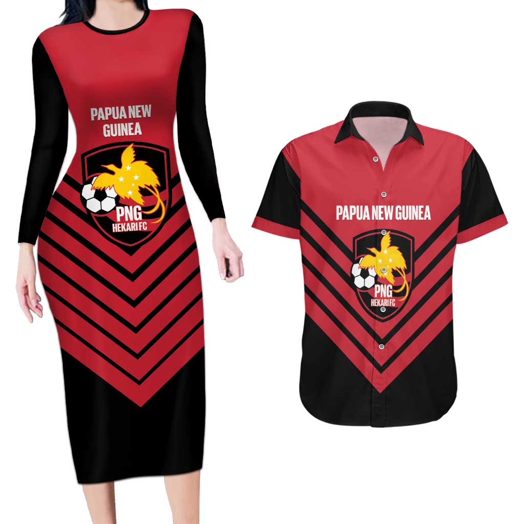 Hekari Papua New Guinea Football Custom Couples Matching Long Sleeve Bodycon Dress and Hawaiian Shirt Go PNG Red Army