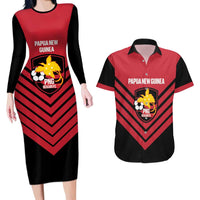 Hekari Papua New Guinea Football Custom Couples Matching Long Sleeve Bodycon Dress and Hawaiian Shirt Go PNG Red Army LT14 Red - Polynesian Pride