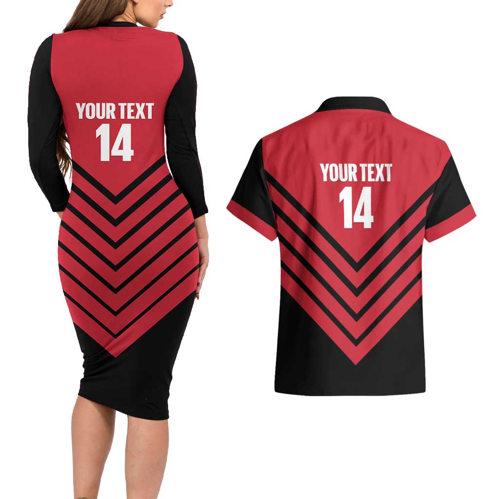 Hekari Papua New Guinea Football Custom Couples Matching Long Sleeve Bodycon Dress and Hawaiian Shirt Go PNG Red Army LT14 - Polynesian Pride