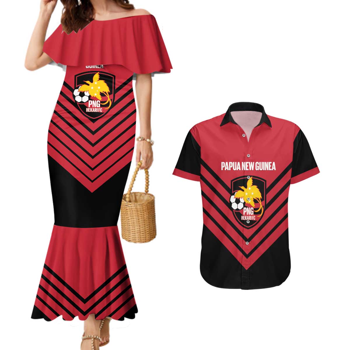 Hekari Papua New Guinea Football Custom Couples Matching Mermaid Dress and Hawaiian Shirt Go PNG Red Army LT14 Red - Polynesian Pride
