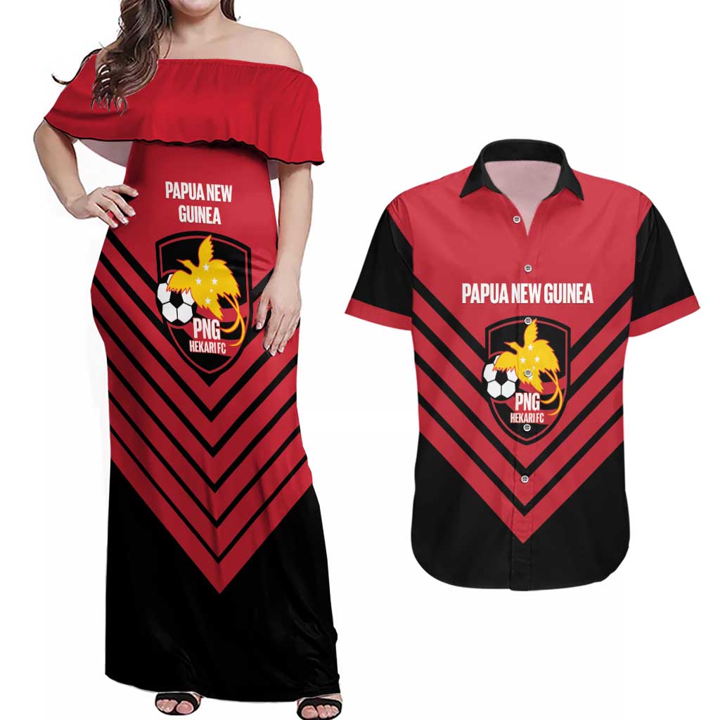 Hekari Papua New Guinea Football Custom Couples Matching Off Shoulder Maxi Dress and Hawaiian Shirt Go PNG Red Army