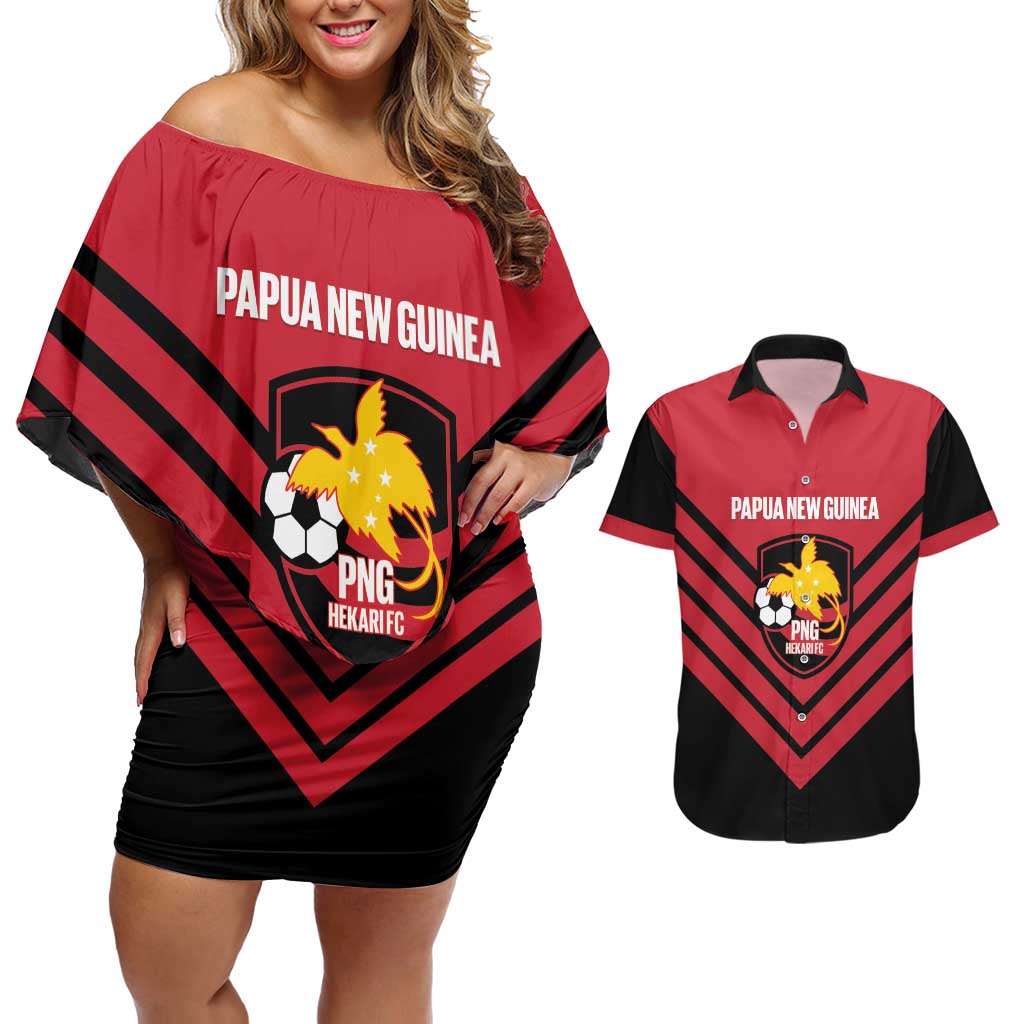 Hekari Papua New Guinea Football Custom Couples Matching Off Shoulder Short Dress and Hawaiian Shirt Go PNG Red Army