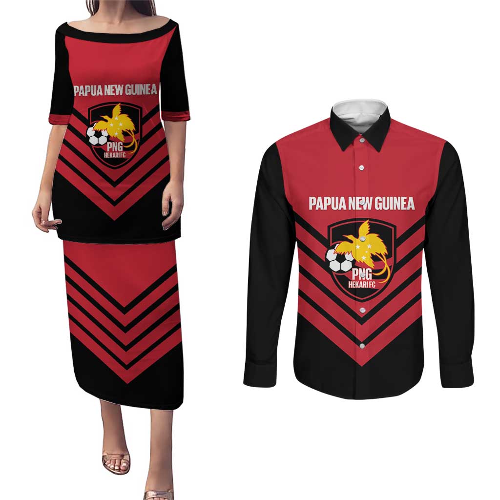 Hekari Papua New Guinea Football Custom Couples Matching Puletasi and Long Sleeve Button Shirt Go PNG Red Army LT14 Red - Polynesian Pride