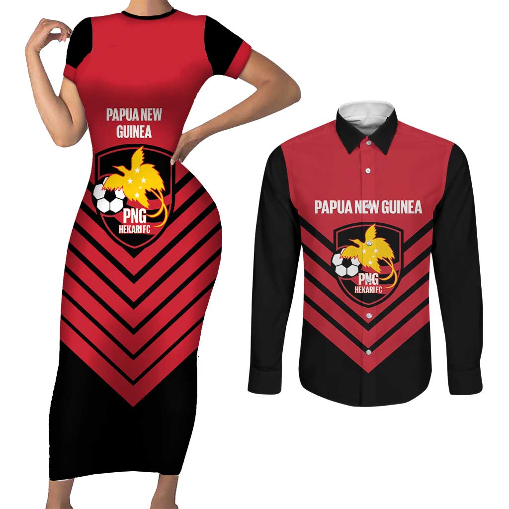 Hekari Papua New Guinea Football Custom Couples Matching Short Sleeve Bodycon Dress and Long Sleeve Button Shirt Go PNG Red Army LT14 Red - Polynesian Pride