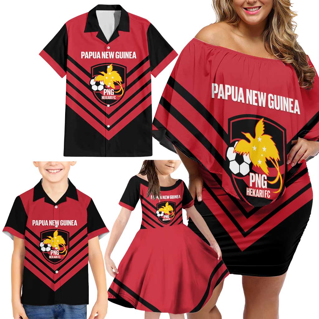 Hekari Papua New Guinea Football Custom Family Matching Off Shoulder Short Dress and Hawaiian Shirt Go PNG Red Army
