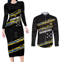 Kings Solomon Islands Football Custom Couples Matching Long Sleeve Bodycon Dress and Long Sleeve Button Shirt Come On Solomons Polynesian Grunge Style LT14 Black - Polynesian Pride