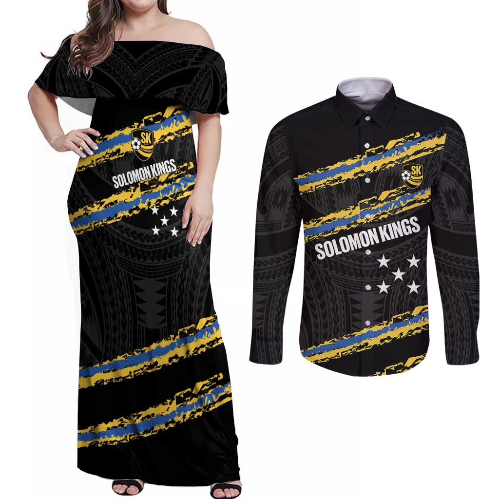 Kings Solomon Islands Football Custom Couples Matching Off Shoulder Maxi Dress and Long Sleeve Button Shirt Come On Solomons Polynesian Grunge Style