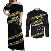 Kings Solomon Islands Football Custom Couples Matching Off Shoulder Maxi Dress and Long Sleeve Button Shirt Come On Solomons Polynesian Grunge Style