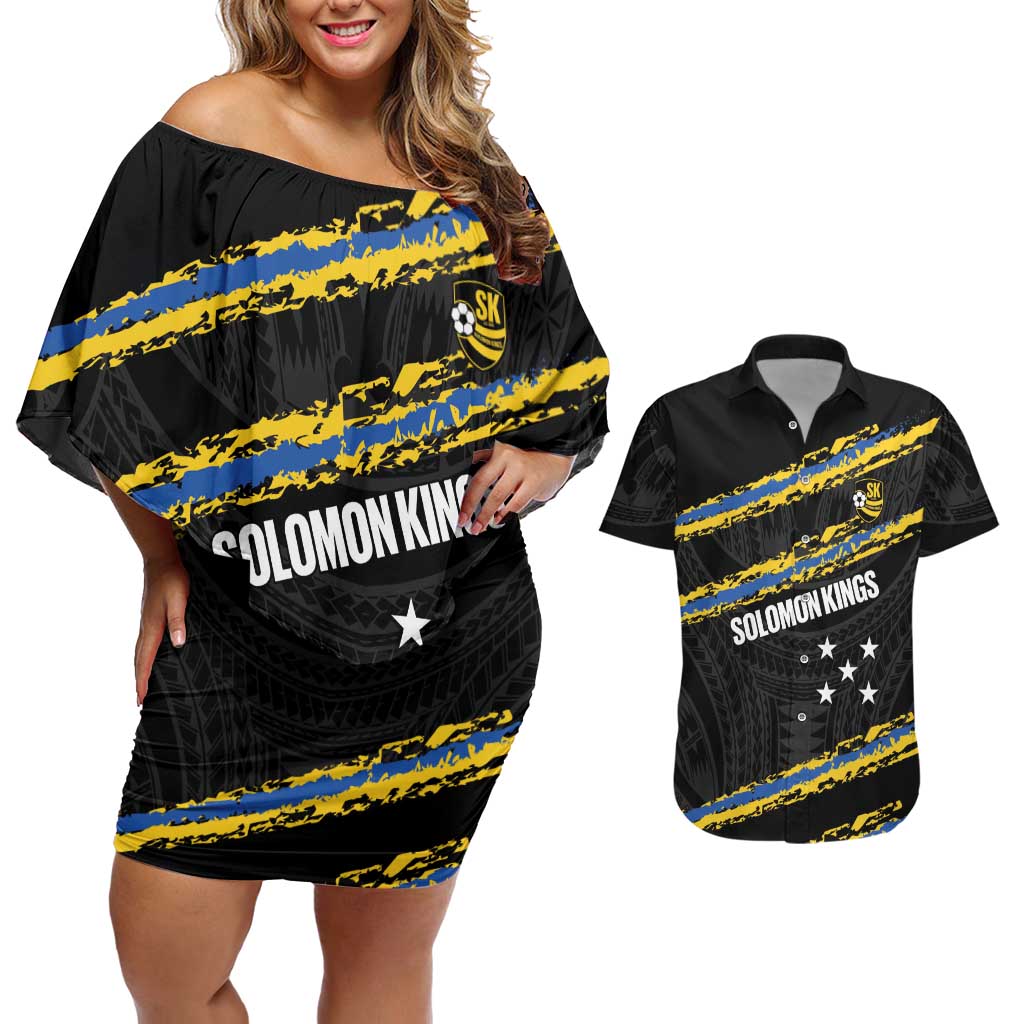 Kings Solomon Islands Football Custom Couples Matching Off Shoulder Short Dress and Hawaiian Shirt Come On Solomons Polynesian Grunge Style LT14 Black - Polynesian Pride