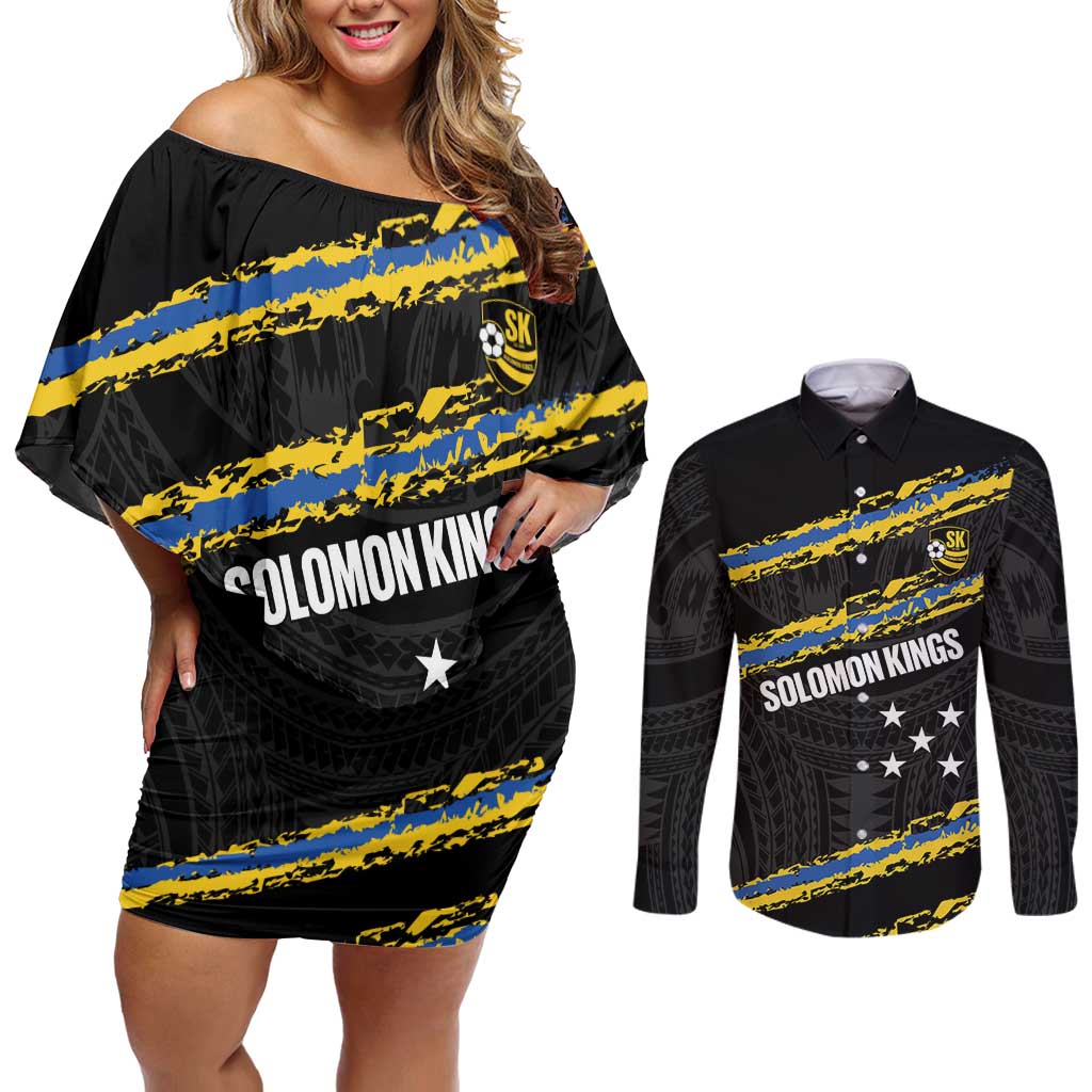 Kings Solomon Islands Football Custom Couples Matching Off Shoulder Short Dress and Long Sleeve Button Shirt Come On Solomons Polynesian Grunge Style