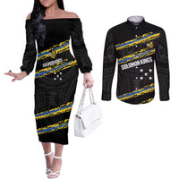 Kings Solomon Islands Football Custom Couples Matching Off The Shoulder Long Sleeve Dress and Long Sleeve Button Shirt Come On Solomons Polynesian Grunge Style LT14 Black - Polynesian Pride