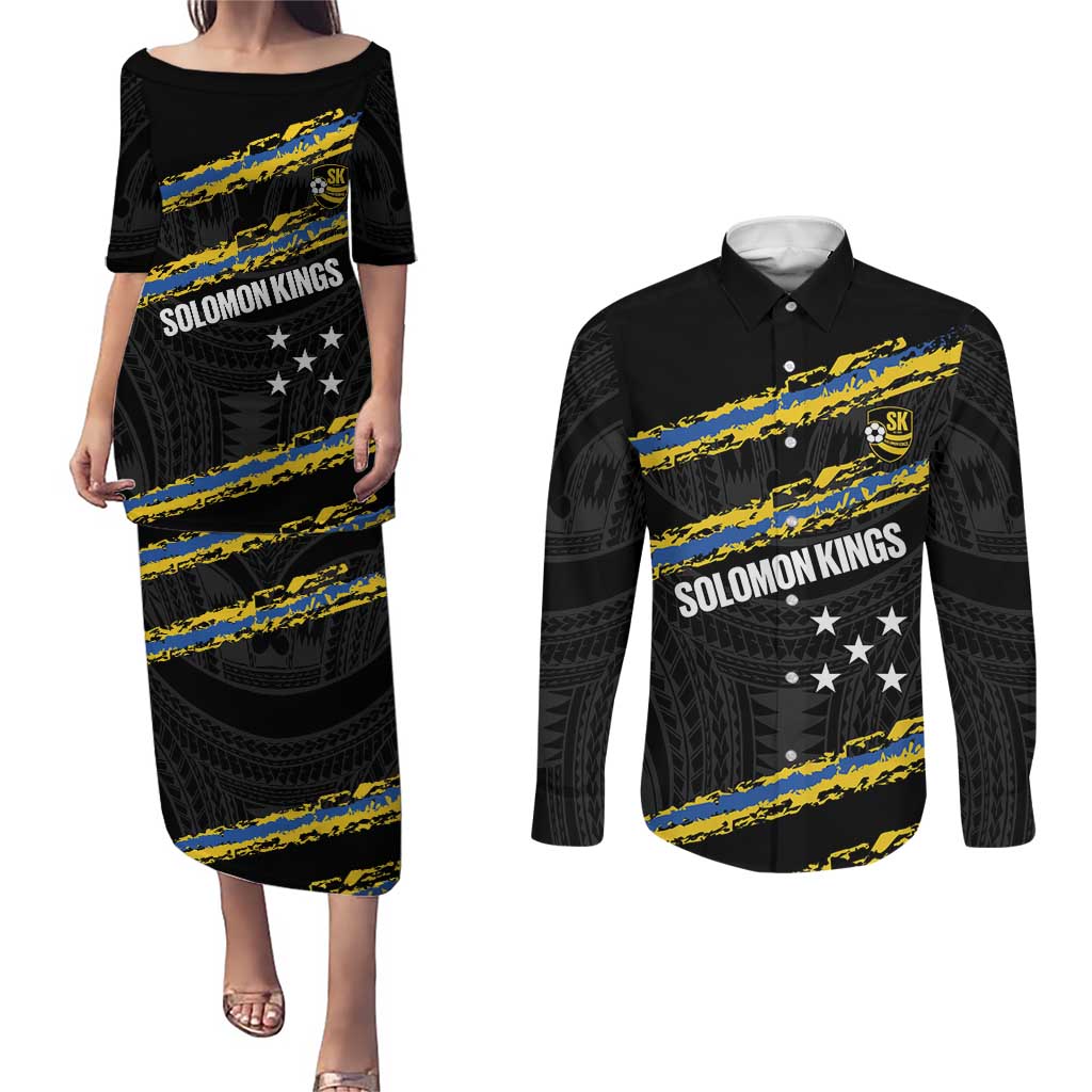Kings Solomon Islands Football Custom Couples Matching Puletasi and Long Sleeve Button Shirt Come On Solomons Polynesian Grunge Style LT14 Black - Polynesian Pride