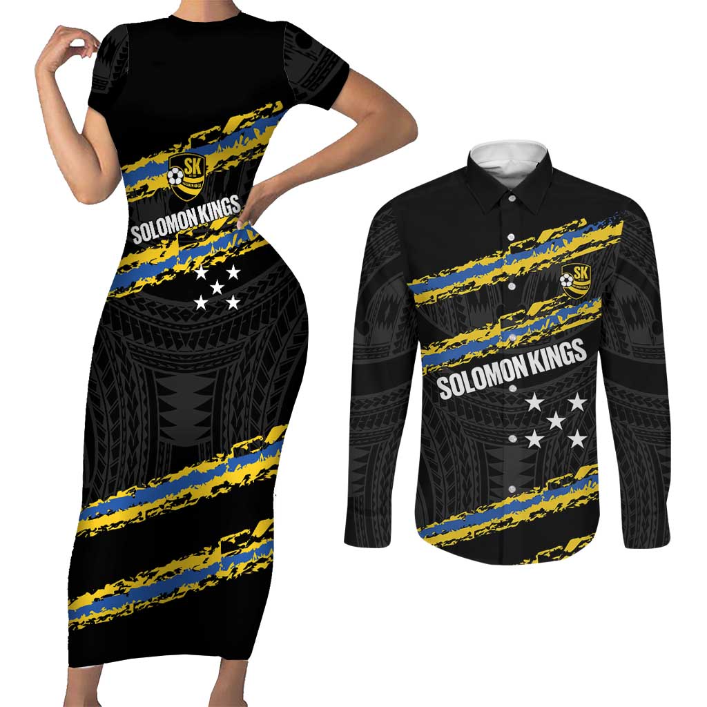 Kings Solomon Islands Football Custom Couples Matching Short Sleeve Bodycon Dress and Long Sleeve Button Shirt Come On Solomons Polynesian Grunge Style LT14 Black - Polynesian Pride
