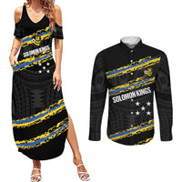 Kings Solomon Islands Football Custom Couples Matching Summer Maxi Dress and Long Sleeve Button Shirt Come On Solomons Polynesian Grunge Style LT14 Black - Polynesian Pride