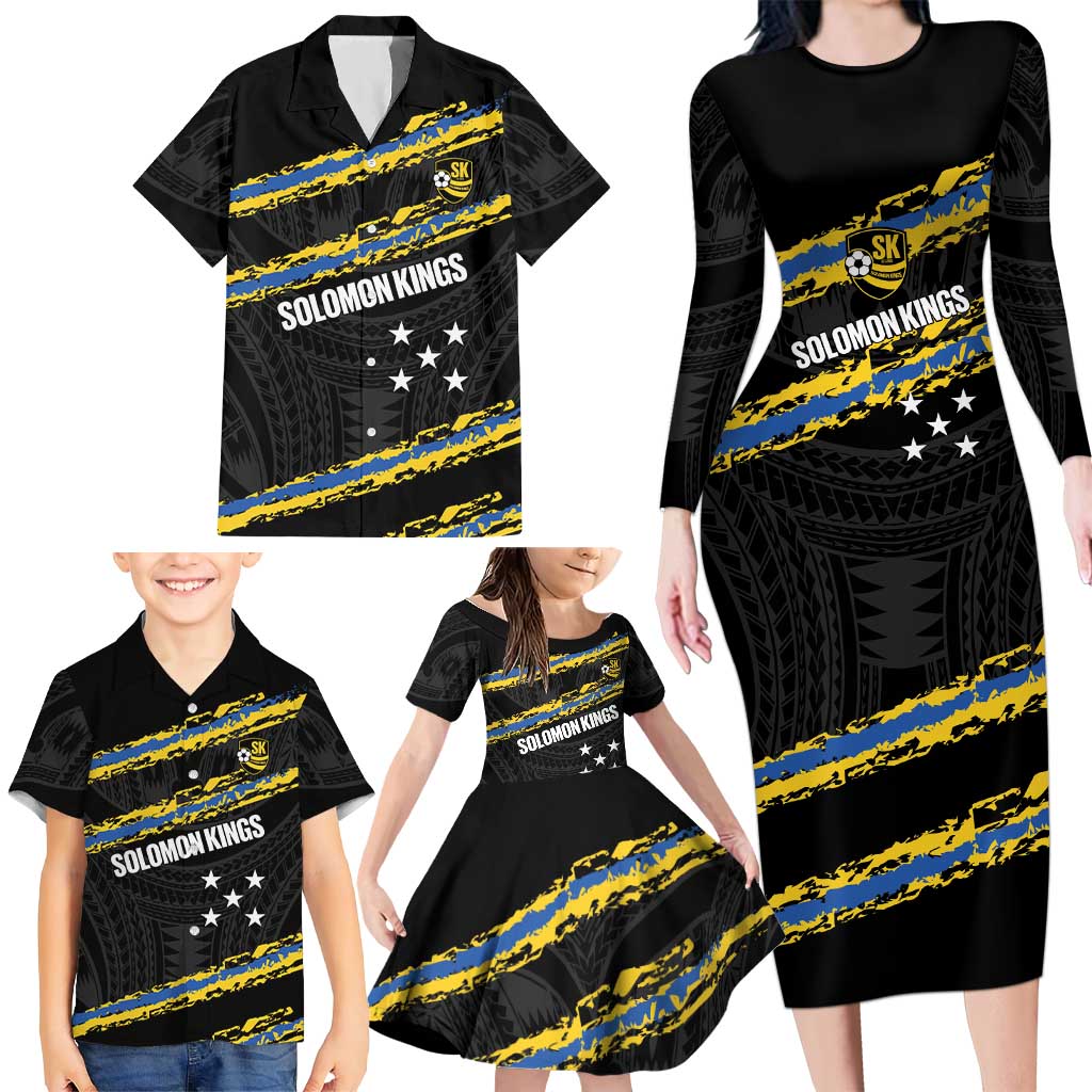 Kings Solomon Islands Football Custom Family Matching Long Sleeve Bodycon Dress and Hawaiian Shirt Come On Solomons Polynesian Grunge Style LT14 - Polynesian Pride