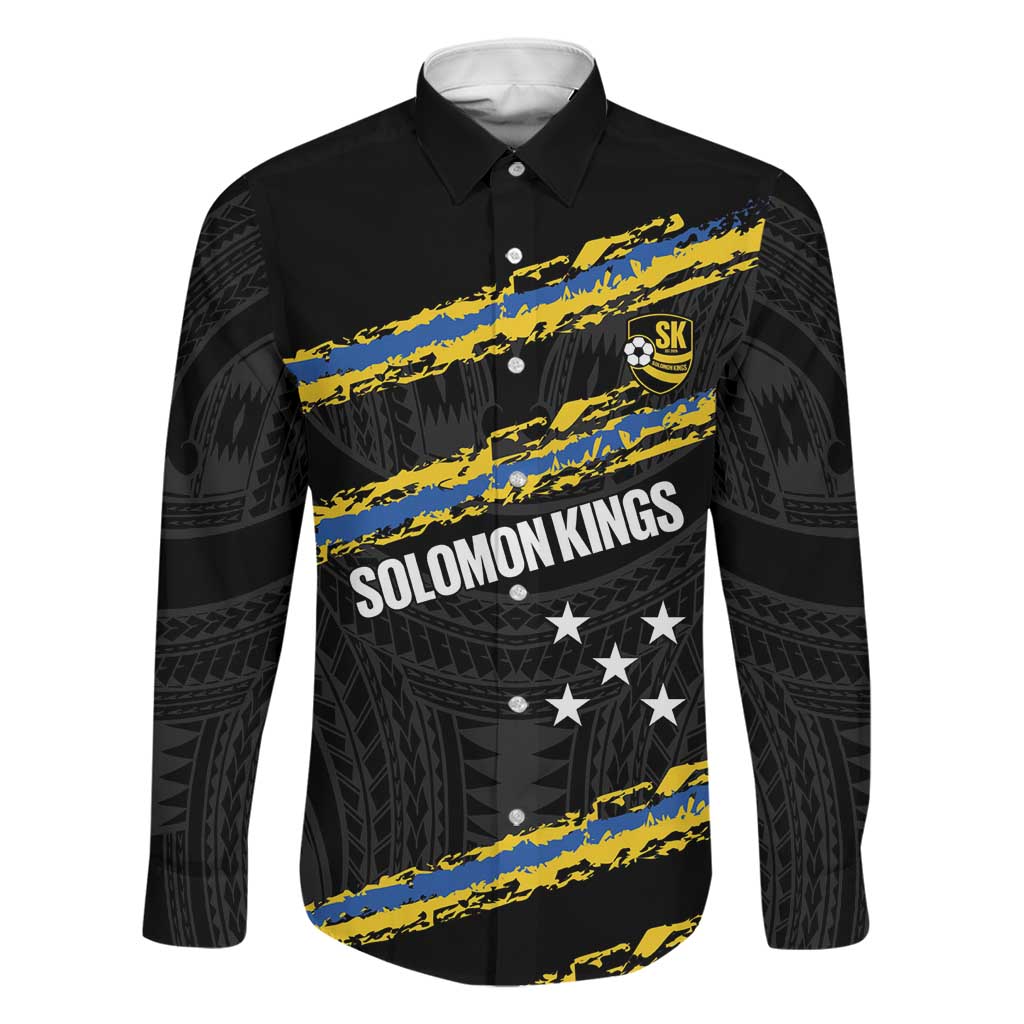 Kings Solomon Islands Football Custom Family Matching Mermaid Dress and Hawaiian Shirt Come On Solomons Polynesian Grunge Style LT14 Dad's Shirt - Long Sleeve Black - Polynesian Pride